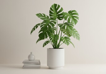 Monstera plant in white pot with books and vase on a neutral background