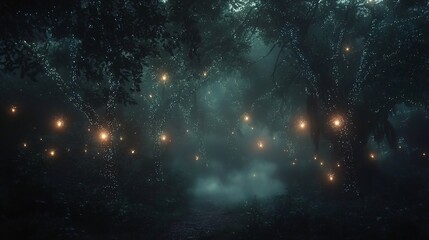 Naklejka premium Glowing bioluminescent trees a dark forest with floating lights and soft mist cinematic enchanted evening