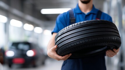 A skilled mechanic holds a new tire in a modern garage setting. This image captures the essence of automotive maintenance. Perfect for car service promotions and mechanic services. AI