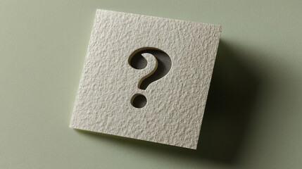 Off-white textured square with cutout question mark, against pale green background, symbolizes inquiry, uncertainty, or FAQ concept Mockup