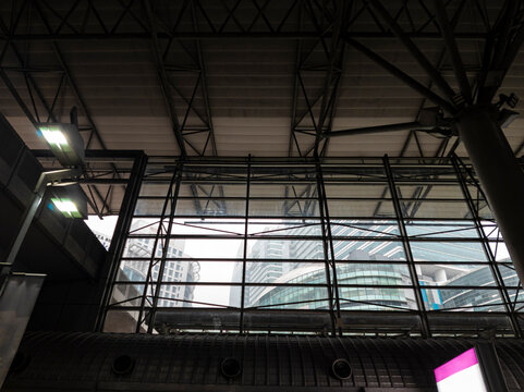 Interior view of roof structure and glass facade, Kuala Lumpur, Malaysia