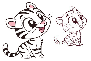 90 Cute cartoon tiger cub, big eyes, smiling expression, black and white stripes, pink ears, colored version and line art version side by side, playful pose, white paws, striped tail, children's book 