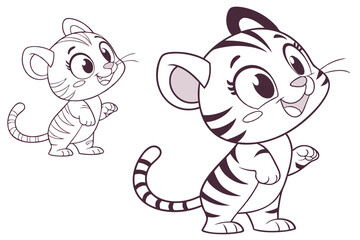 90 Cute cartoon tiger cub, big eyes, smiling expression, black and white stripes, pink ears, colored version and line art version side by side, playful pose, white paws, striped tail, children's book 
