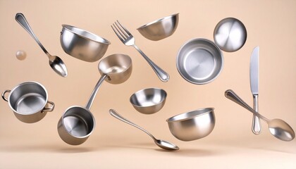 a collection of kitchen utensils flying on beige background