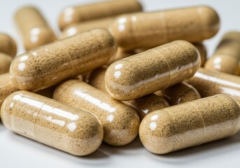 Close-up of several transparent capsules filled with a light brown powder supplement on a white surface