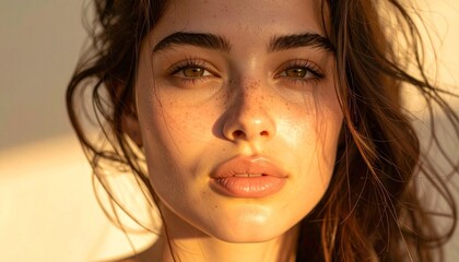 portrait of a young woman, young woman face glowing in golden hour light, with natural shadows and soft expression, Ideal for beauty, skincare, emotional storytelling them, beautiful girl