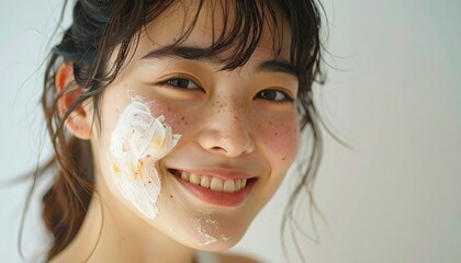 portrait of a smiling young woman with painted face, a cheerful young woman with colorful paint on her face, natural lighting, and bright smile, Perfect for themes of joy, creativity, youth, beauty