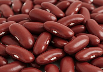 Close-up shows a heap of kidney beans, each a deep red color with a small white hilum visible on each bean