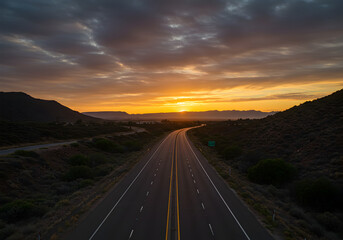 Fototapeta premium Scenic Photo of Highway Road at Sunset Mountain Horizon Landscape