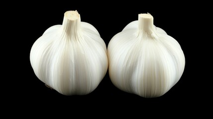 Obraz premium Two Bulbs of Vibrant Garlic, Creamy White, Textured Surface, Isolated on Black Background