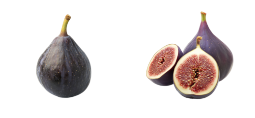 Ripe fig fruit with sliced pieces, food close up, cut out transparent