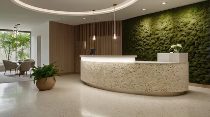 Modern Spa Reception Area with Curved Desk and Green Moss Wall