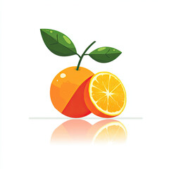 Orange fruit with green leaves and sliced half showing juicy segments, reflecting on white surface, bright and fresh illustration