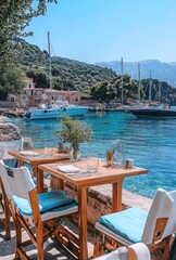 Coastal cafe with tables and chairs set on the waterfront, overlooking a turquoise bay with yachts and mountains in the background