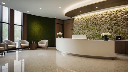Modern Spa Reception Area with Curved Desk and Green Moss Wall