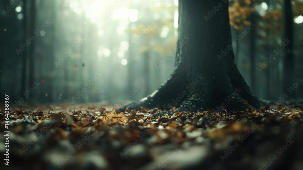 Poster Warm sunlight filters through trees in a misty autumn forest, illuminating falling leaves dancing in the gentle breeze, creating a magical and serene atmosphere