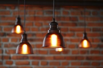 Fototapeta premium Cozy ambiance with glowing pendant lights and red brick background