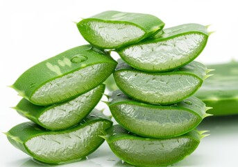 Stacked aloe vera slices with visible gel and water droplets on a white surface, showcasing natural skincare