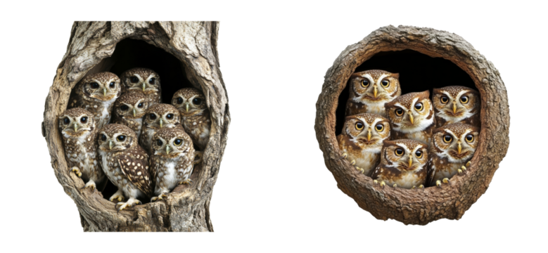 Spotted Owlet Group Inside Hollow Tree Trunk Nest, cut out transparent