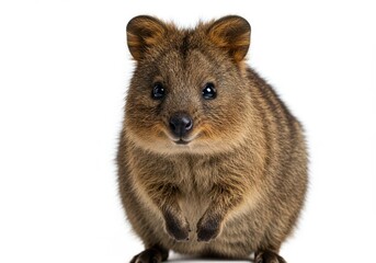 Close-up of a quokka facing forward with a curious expression on a white background