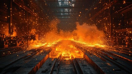 Molten metal cascades in industrial factory. Sparks fly in a bright burst