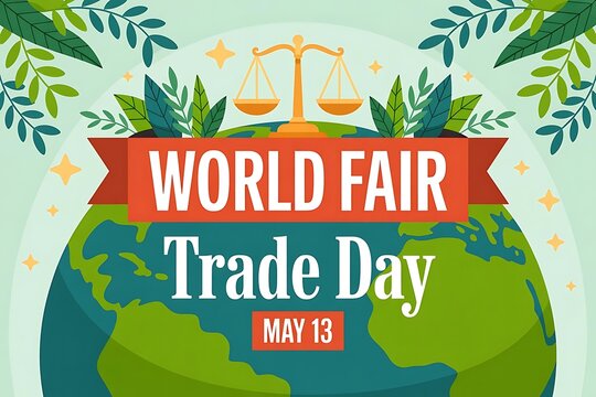 World Fair Trade Day flat illustration with Earth globe, justice scale, red banner, foliage, and date May 13