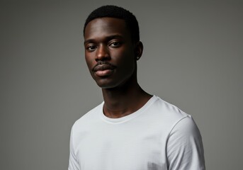 Portrait of a handsome dark-skinned man in a white t-shirt looking at the camera with a neutral expression