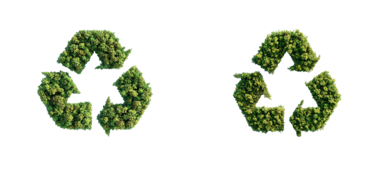 Forest texture in shape of recycle symbols, cut out transparent