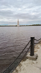 View from the city embankment to the bell tower of St. Nicholas Cathedral. Kalyazin, Tver region, Russia
