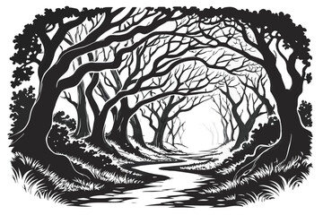 93 Intricate black and white forest illustration, detailed tree trunks, arching branches, dense foliage, tree tunnel, winding path, mystical atmosphere, fantasy woodland, pen and ink style, high contr