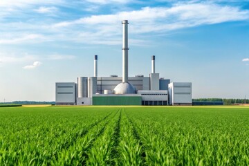 Modern industrial facility with tall chimneys surrounded by a green field under a blue sky.