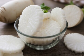 Sliced of White Radish in clear bowl , top view food table