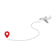 Airplane traveling along a dotted flight path to a destination