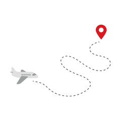 Airplane traveling along a dotted flight path to a destination