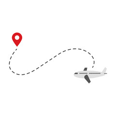 Airplane traveling along a dotted flight path to a destination
