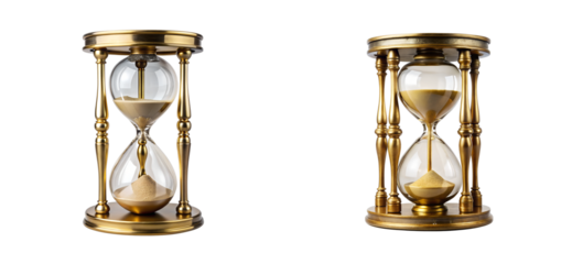 Two golden hourglasses with sand, timer passage concept, cut out transparent
