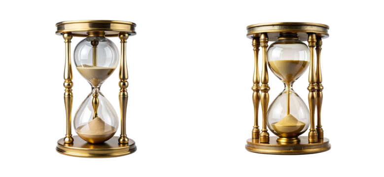 Two golden hourglasses with sand, timer passage concept, cut out transparent