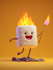 Marshmallow character joyfully dances with flames on head, holding a roasting stick, conveying playful approach to campfire fun and food