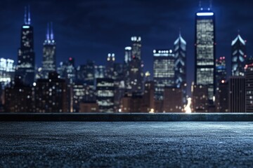 Urban rooftop at night. City lights blur in distance