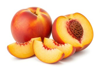 Fresh nectarines, one whole, one halved to reveal the pit, and slices, arranged on a white surface