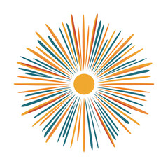 Obraz premium Bright and vibrant sunburst design featuring rays in orange, blue, and yellow colors radiating from central circle, creating lively and energetic visual effect
