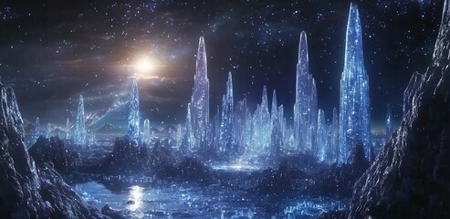 Fototapeta premium Glowing city of crystalline structures towering spires reflecting light of a nearby star cinematic radiant metropolis