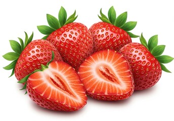 Fresh strawberries arranged on a white surface, with one strawberry cut in half to reveal the inside of the fruit