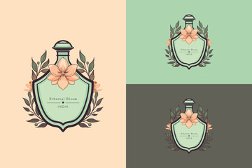 Illustration of a stylish floral bottle adorned with petals and leaves, evoking elegance and beauty. Features pastel color variations showcasing artistic and decorative creativity ideal for design the