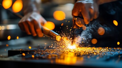 Welder Using Torch on Metal with Sparks