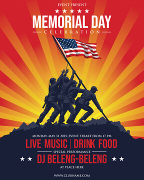 A patriotic vector-style poster showcasing soldiers raising the American flag, perfect for Memorial Day event promotions with vibrant sunset rays, event details, and a lively atmosphere