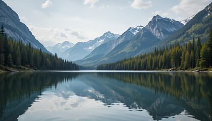 Serene lake with mirror reflection of mountains and forest, calm mood"
