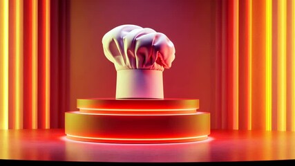 White chef hat rotating on red podium with dramatic stage lighting.