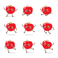 Cute Smiling Red Apple Character. Kawaii Red Fruit Mascot Style Vector. Cute vector character set in various action emotions. Collection symbols isolated on a white background
