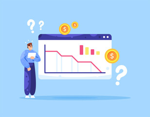 concept of declining sales. decline in revenue, profits, and the economy. business problems and losses. illustration of a businessman with declining financial reports. flat style design. elements